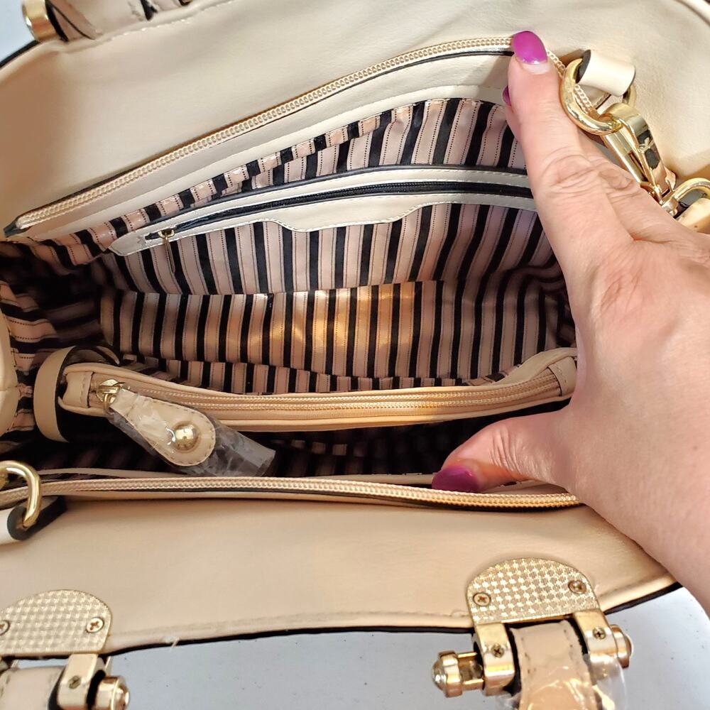 Isabelle Ivory Patent Vegan Leather Faux Croc Studded Dome Satchel - Picture 5 of 9